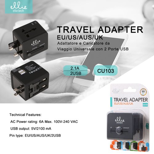 CU103 Universal travel adapter EU/US/AUS/UK,Negro
