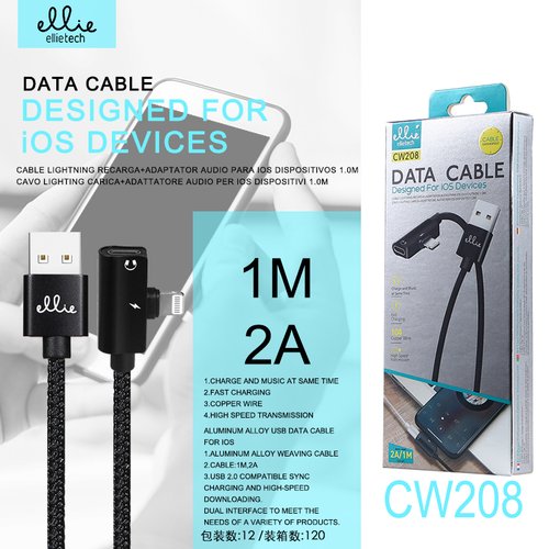 Ellietech CW208 Cable de Dato Lightning Recarga + Adaptador Audio para iOS Dispositivo 1.0M