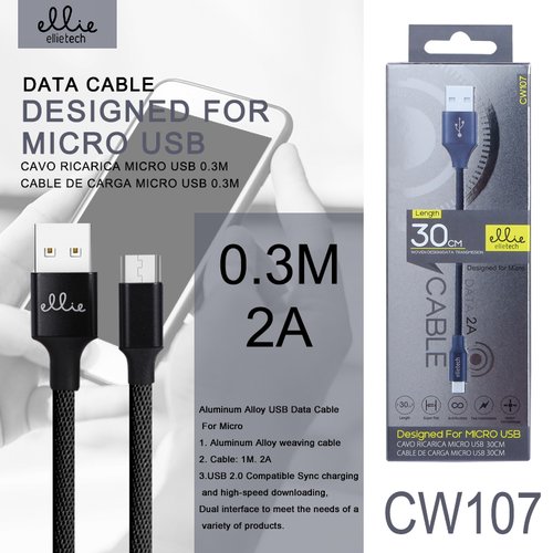 CW107 Cable MicroUsb V8 30cm 2A,Nylon trenzado