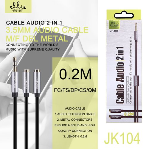 JK104 Cable AUX 0.2m jack 3.5mm 1M to 2F metallo ,Negro