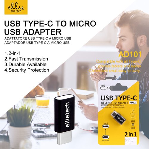 Ellietech AD101 Adaptador USB Tipo-C a Micro USB Plastico