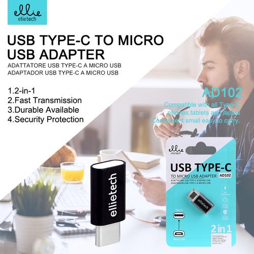 Ellietech AD102 Adaptador USB Tipo-C a Micro USB Metalico
