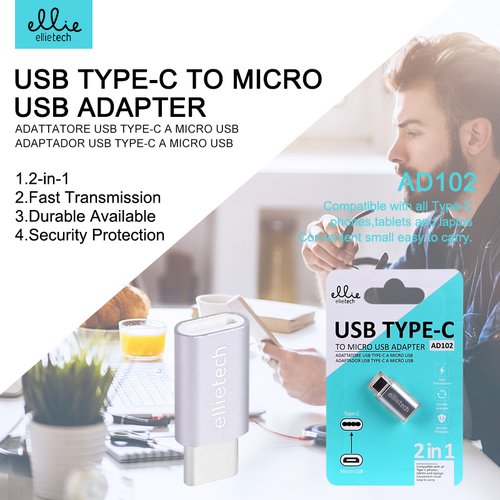 Ellietech AD102 Adaptador USB Tipo-C a Micro USB Metalico