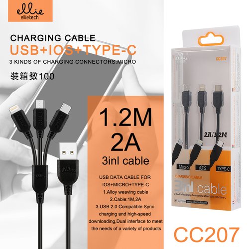Ellietech CC207 Cable 3in1 micor+ios+type-c 1.2m 2A