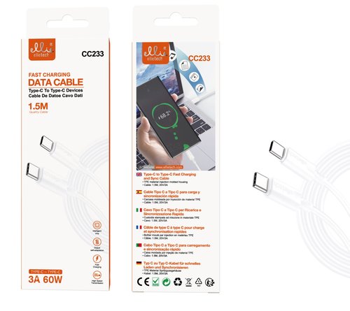 Ellietech CC233 Cable de Dato Tipo-C a Tipo-C Carga Rapida 1.5M 60W