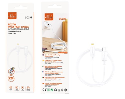 Ellietech CC236 Cable de Dato Tipo-C a iOS Lightning Carga Rapida 2M PD27W