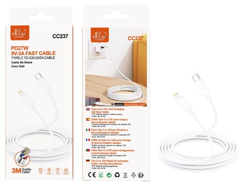 Ellietech CC237 Cable de Dato Tipo-C a iOS Lightning Carga Rapida 3M PD27W