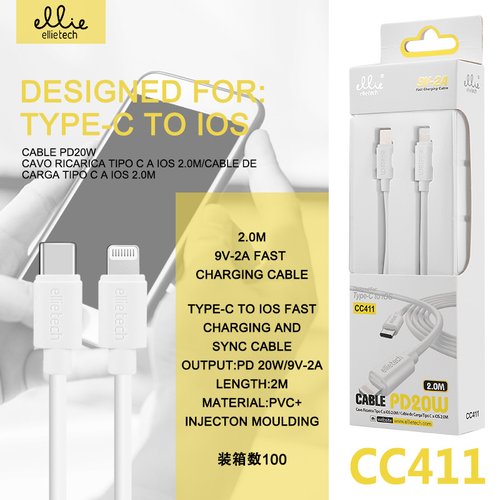Ellietech CC411 Cable de Dato Tipo C a iOS Lightning PD20W 2M para iPhone