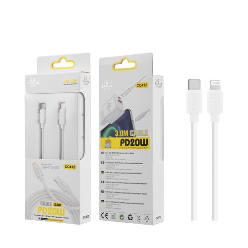 Ellietech CC412 Cable de Dato Tipo C a iOS Lightning PD20W 3M para iPhone