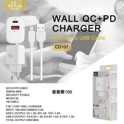 Ellietech CD107 Cargador para Micro USB PD/QC 3.0