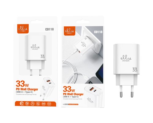 Ellietech CD118 Cargador de Entrada Tipo C Y USB A PD 33W