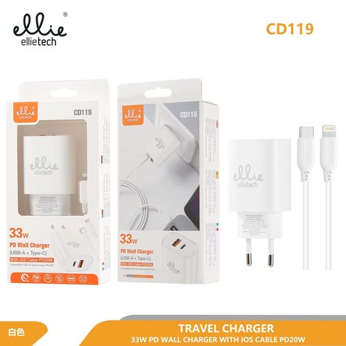 Ellietech CD119 Cargador de Entrada Tipo C Y USB A con cable Carga Rapida PD 33W NOVEDAD