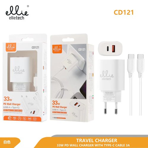 Ellietech CD121 Cargador de Entrada Tipo C Y USB A con cable Carga Rapida PD 33W NOVEDAD