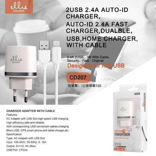 Ellietech CD207 Cargador para iPhone Lightning iOS 2 USB 2.4A Blanco