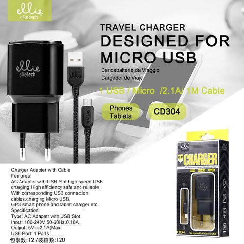 Ellietech CD304 Cargador de Viaje para Micro USB 1USB 1M