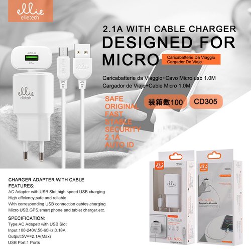 Ellietech CD305 Cargador de Viaje para Micro USB 1USB 1M