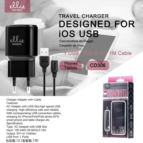 Ellietech CD306 Cargador de Viaje para Lightning 1USB 1M