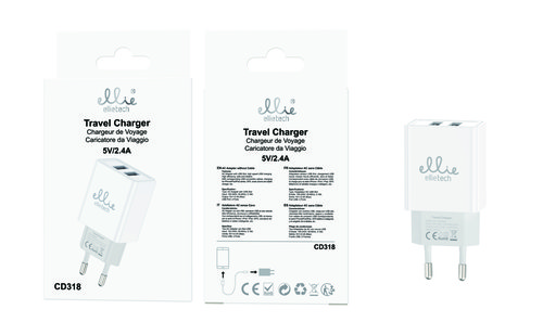 Ellietech CD318 Cargador 2USB de Pared 5V/2.4A