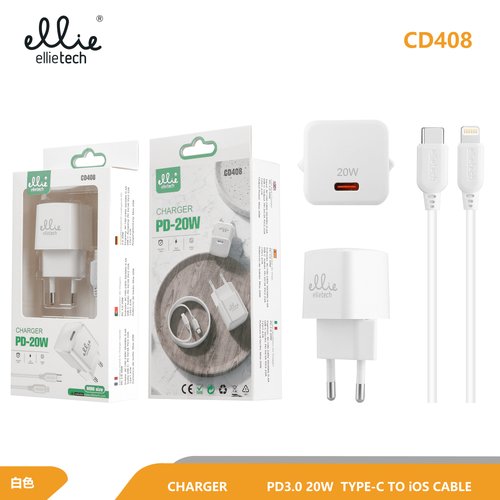 Ellietech CD408 Cargador PD con Cable de Tipo C a Lightning 20W