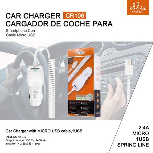 Ellietech CR106 Cargador de Coche para Movil con Cable Micro USB