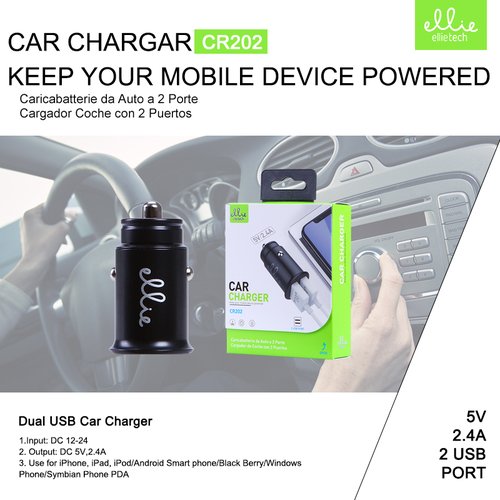 Ellietech CR202 Cargador de Coche con Dos Puertos de Metal