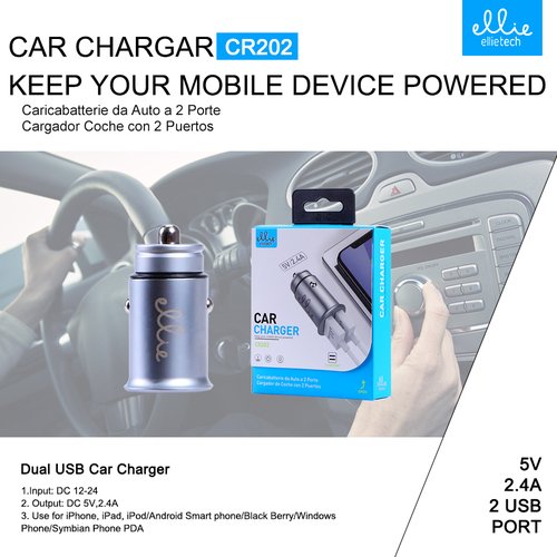 Ellietech CR202 Cargador de Coche con Dos Puertos de Metal