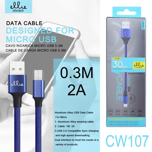 CW107 Cable MicroUsb V8 30cm 2A,Nylon trenzado