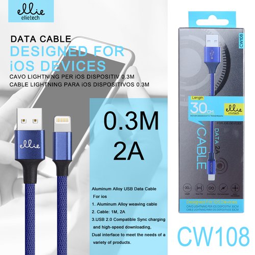 CW108 Cable Iphone 30cm 2A,Nylon trenzado