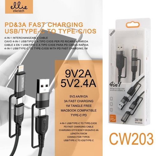 Ellietech CW203 Cable 4 en 1 USB / Tipo C a Tipo C / iOS Lightning Carga Rapida 3A 1M