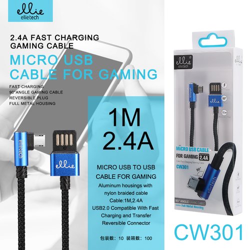 Ellietech CW301 Cable Aluminio Carga Rapida de 2.4A para Micro USB de 90 grados