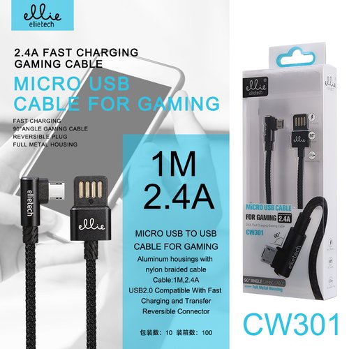 Ellietech CW301 Cable Aluminio Carga Rapida de 2.4A para Micro USB de 90 grados