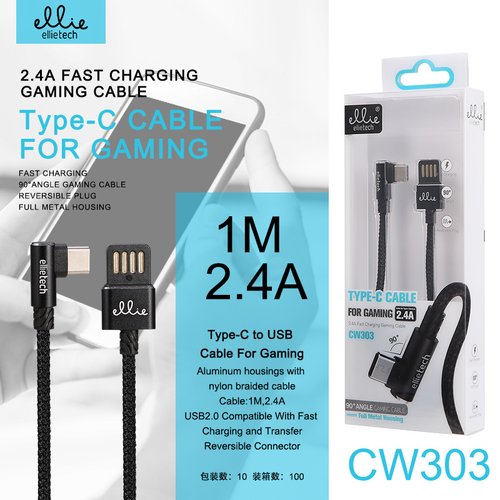 Ellietech CW303 Cable Aluminio Carga Rapida de 2.4A para Tipo C de 90 grados