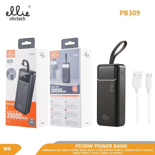 Ellietech PB309 Power bank 30000 mah PD 20W con linterna