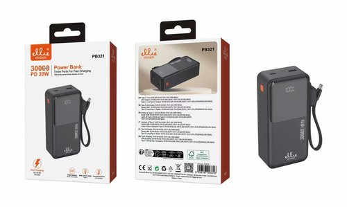 Ellietech PB321 Power bank 30000 mah QC 22.5W + PD 20W con Cable Tipo C