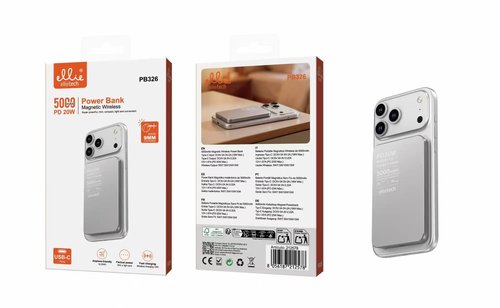 Ellietech PB326 Power Bank 5000mAh, Carga Magnetica Rapida, Diseño Ligero y Moderno, Grosor 0.9cm, PD 20W, USB A + C