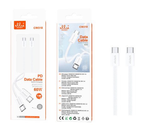 CW318 Cable de Dato Tipo-C a Tipo-C 60W 1M